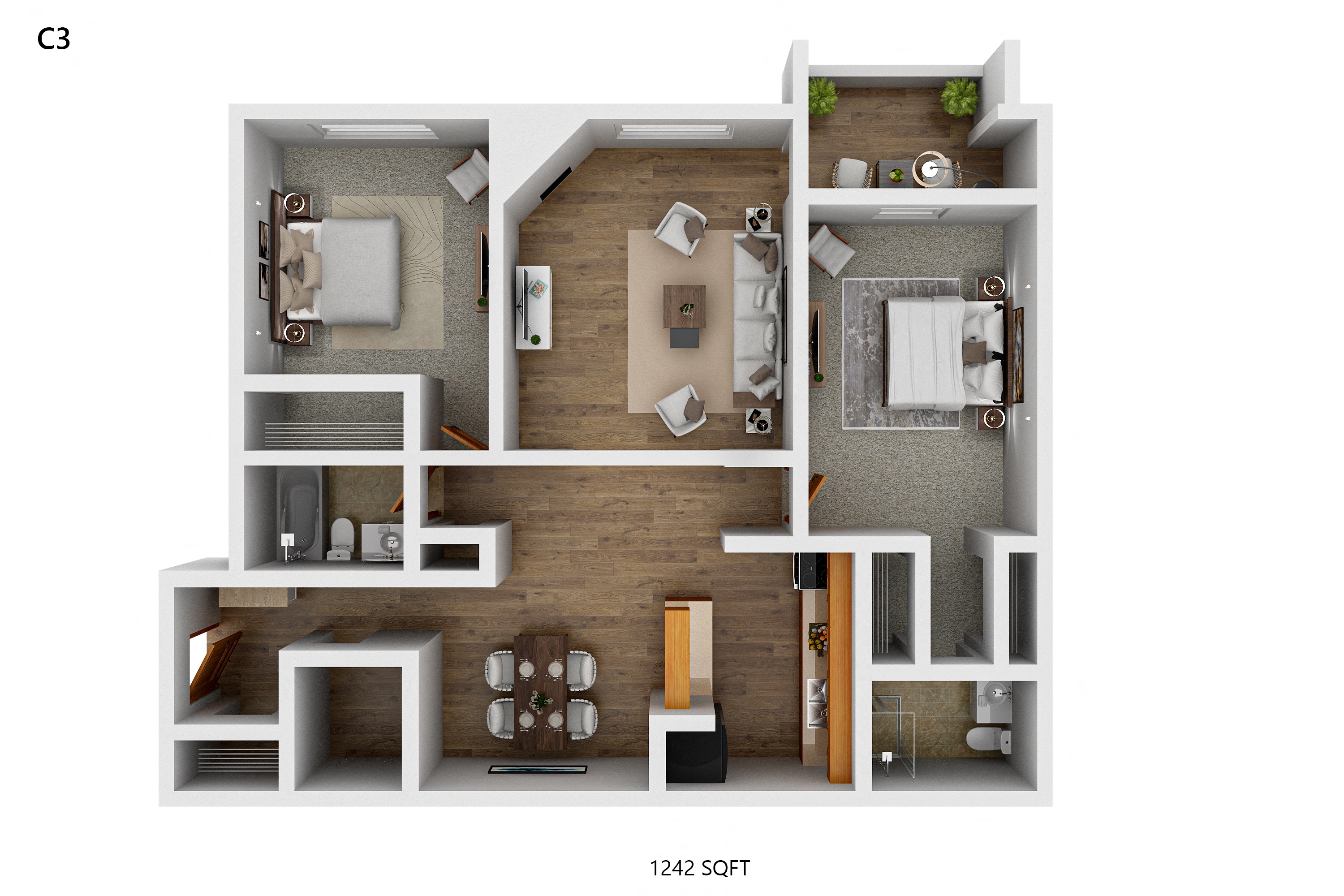 Floor plan for 2 beds, 2 baths, 1242 sqft